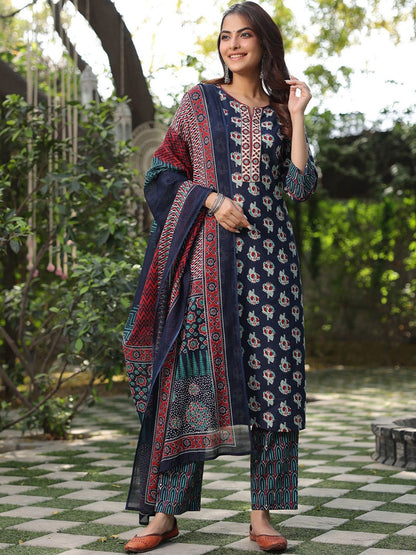 Dhiyona RR Women's Floral Printed Pure Cotton Straight Kurta With Trouser & Dupatta