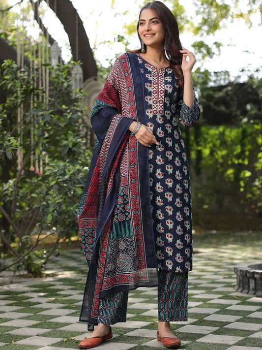 Dhiyona RR Women's Floral Printed Pure Cotton Straight Kurta With Trouser & Dupatta
