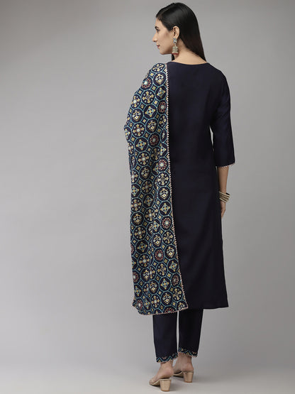 Women Navy Blue Gotta Patti Kurta with Trousers & With Dupatta