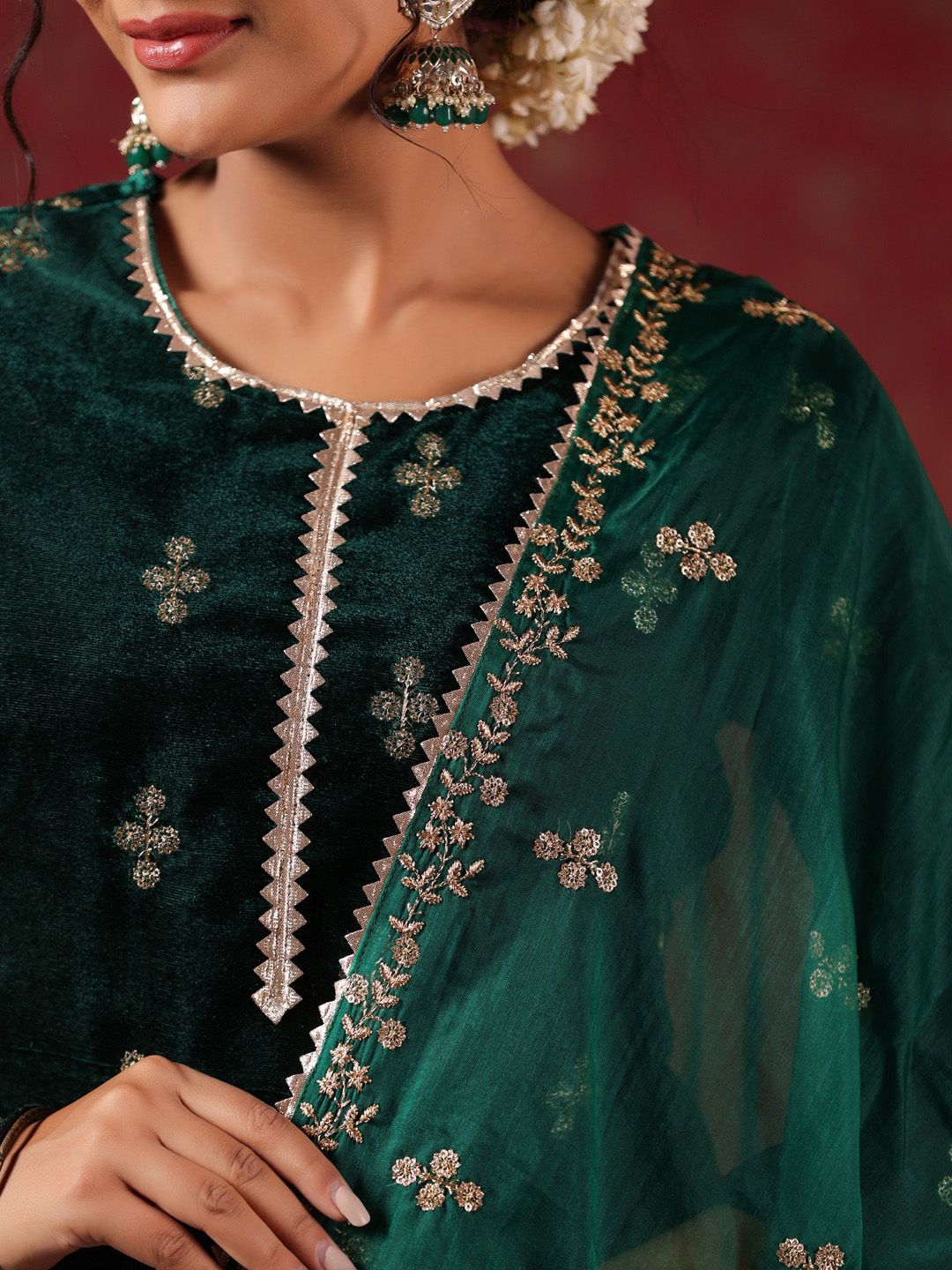 Dhiyona IS Women's Green Ethnic Motifs Embroidered Velvet Kurta With Trousers & Dupatta