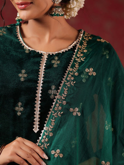 Dhiyona IS Women's Green Ethnic Motifs Embroidered Velvet Kurta With Trousers & Dupatta