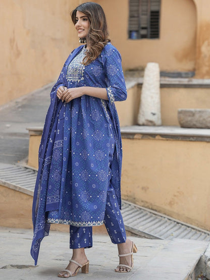 Dhiyona KL Notch Neck Bandhani Embroidered Regular Thread Work Pure Cotton Kurta Set