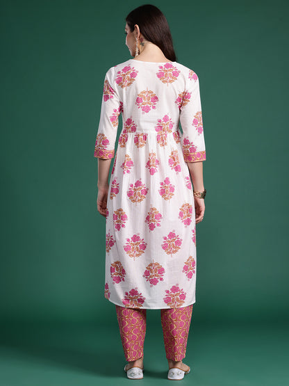 Floral Printed Pure Cotton Kurta with Trousers