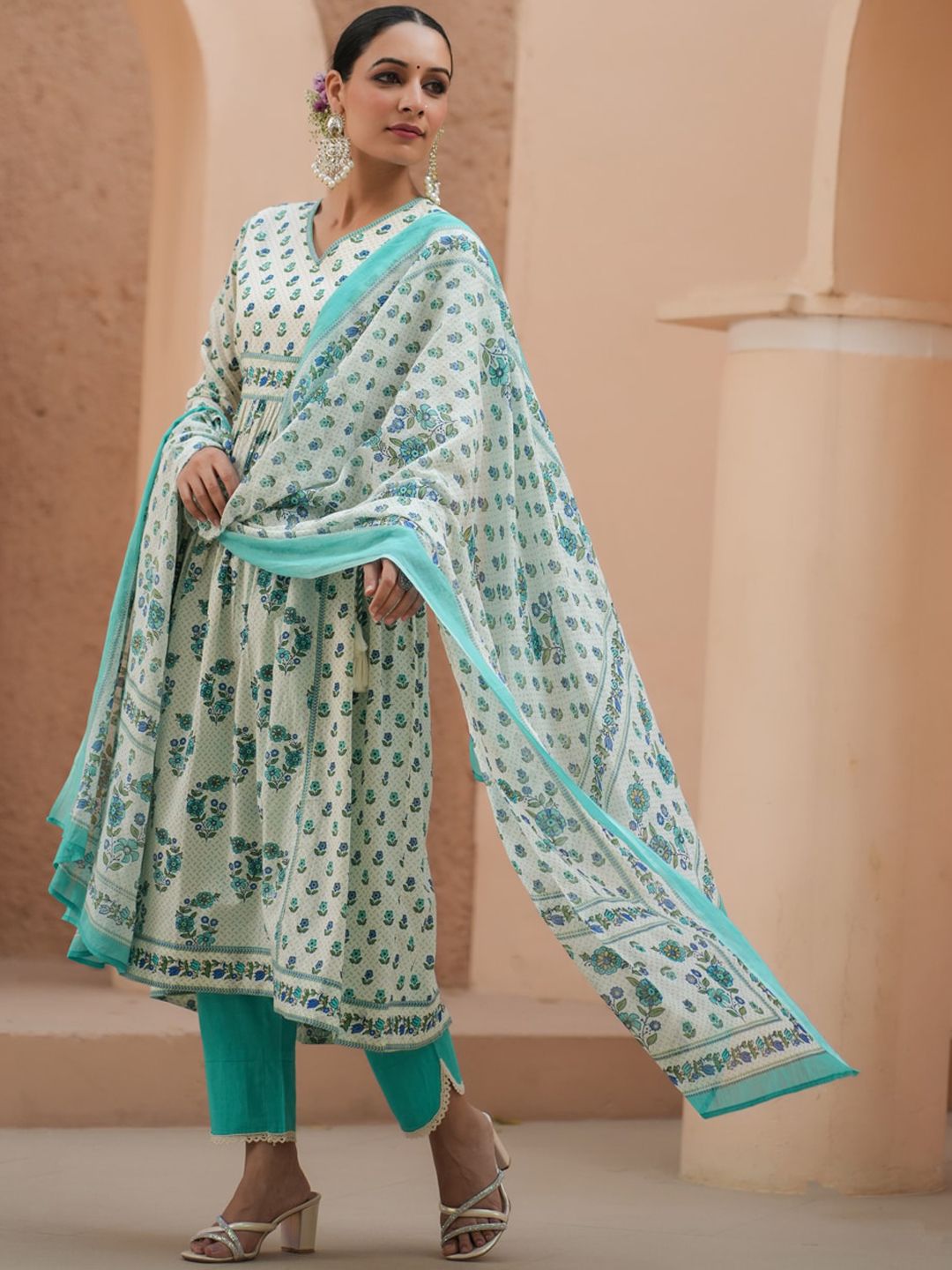 Dhiyona RR Women's Floral Printed Sequinned Pure Cotton A-Line Kurta With Trousers & Dupatta
