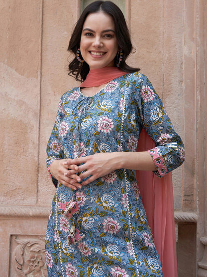 Blue Floral Printed Gotta Patti Pure Cotton Kurta with Trousers & Dupatta