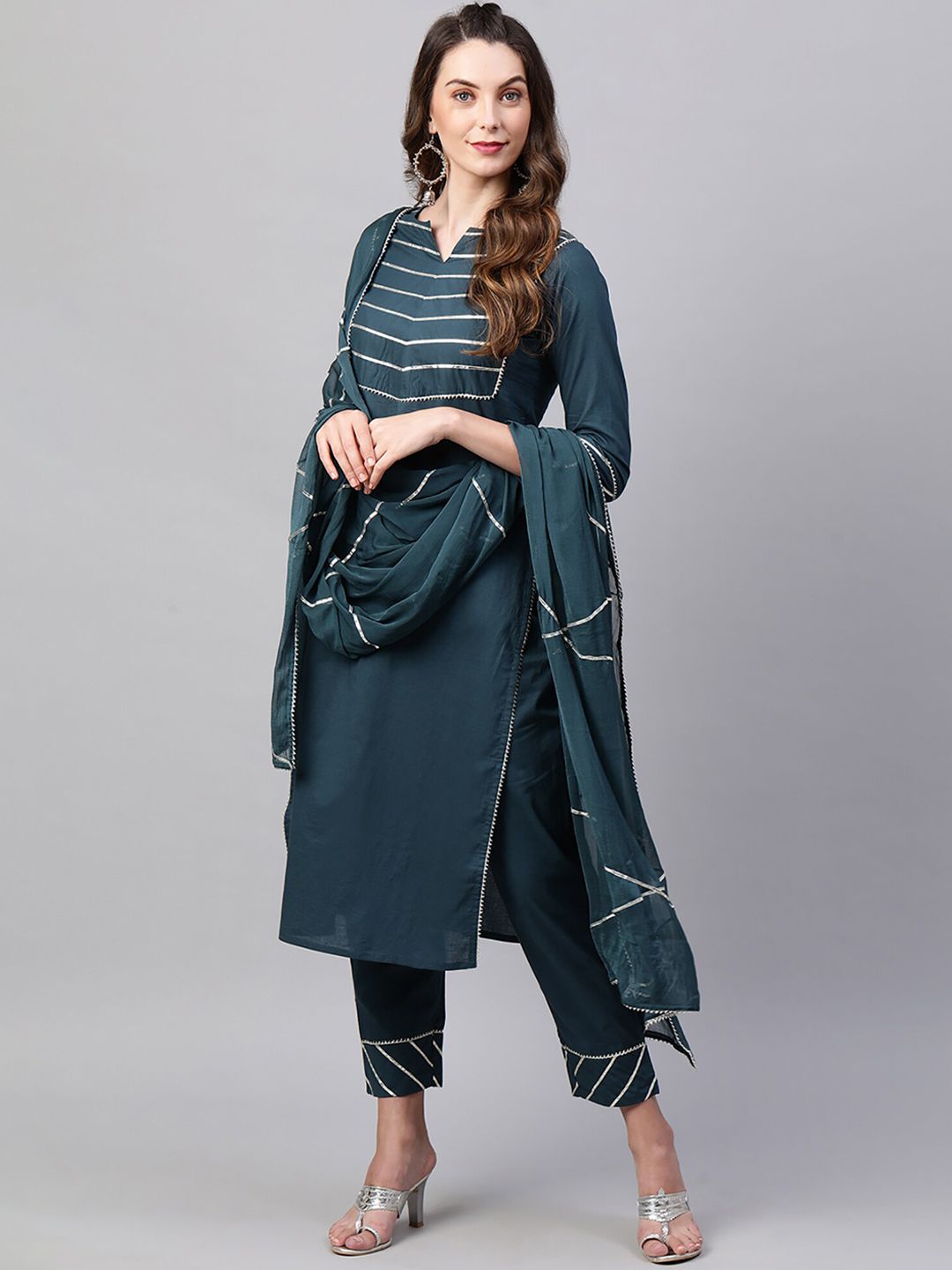 Dhiyona IE Women Teal Green & Golden Gotta Patti Pure Cotton Kurta with Trousers & Dupatta