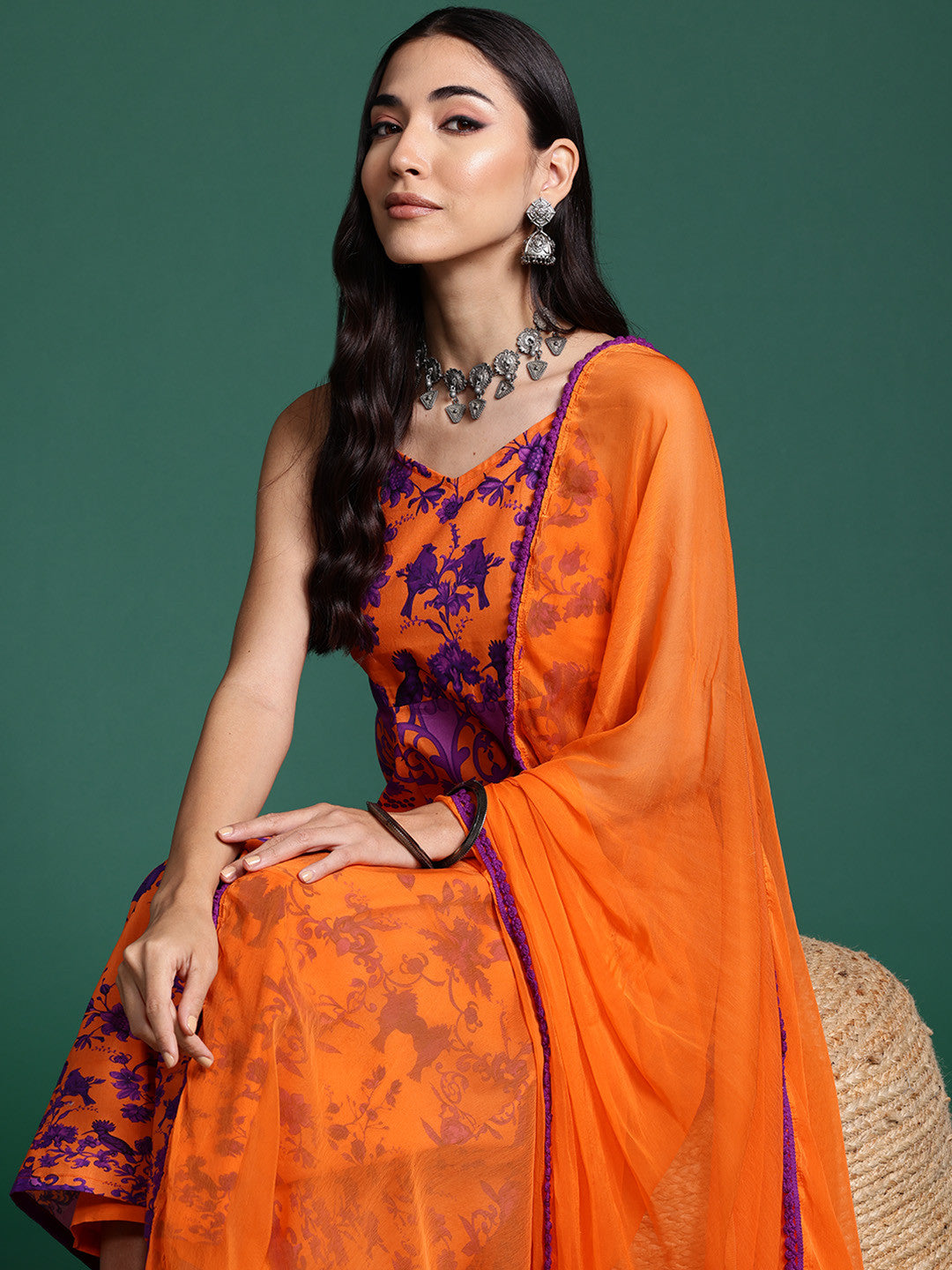 Dhiyona SN Floral Print Shoulder Straps Pure Cotton Kurta with Trousers & Dupatta
