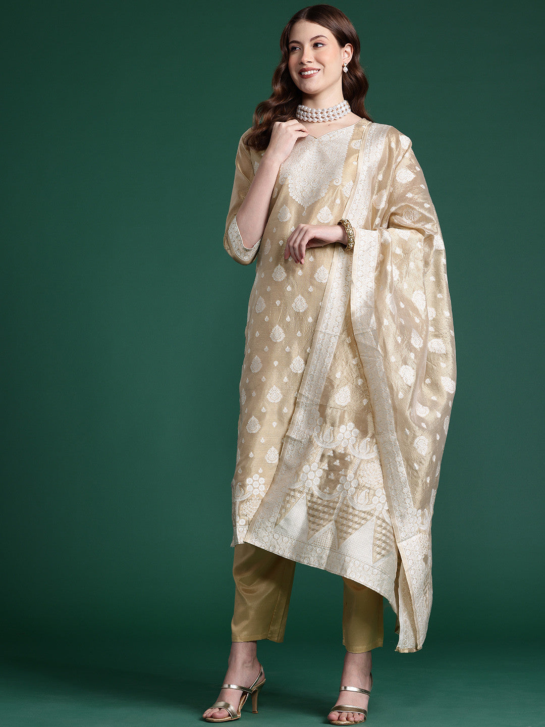 Woven Design Kurta With Trousers & Dupatta