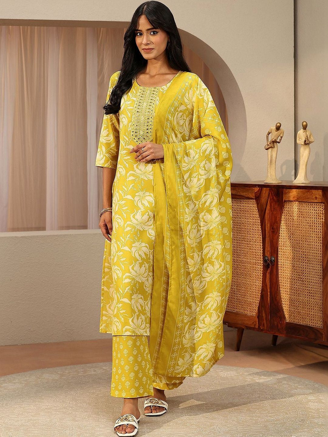 Lime Yellow Floral Printed Cotton Straight Suit Set