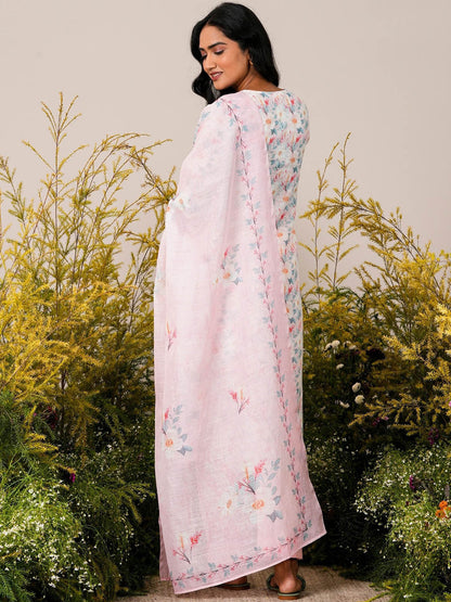 Pink Floral Printed Straight Round Neck Thread Work Linen Kurta Set