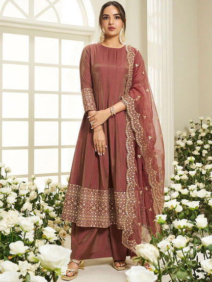 Dhiyona IN Floral Yoke Design Sequinned Anarkali Kurta With Palazzos & Dupatta