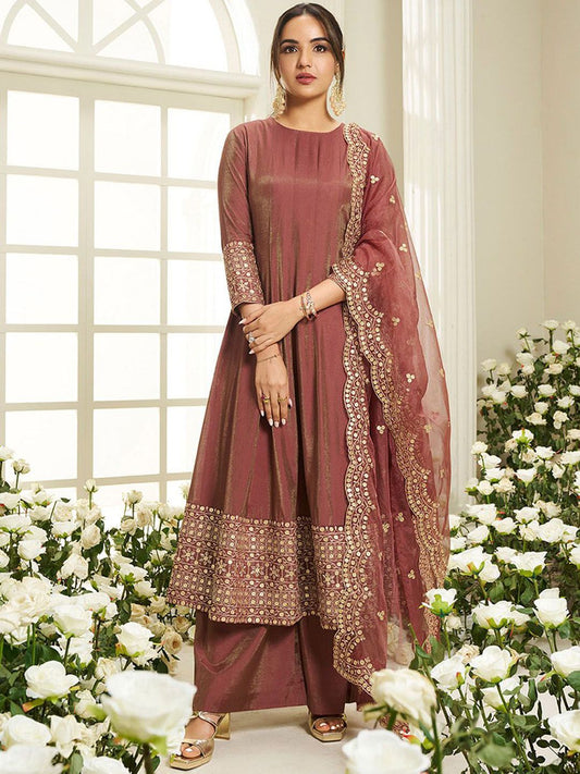 Dhiyona IN Floral Yoke Design Sequinned Anarkali Kurta With Palazzos & Dupatta