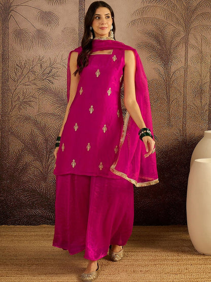 Dhiyona SN Embroidered Sequence Kurta & Palazzos with Dupatta Set