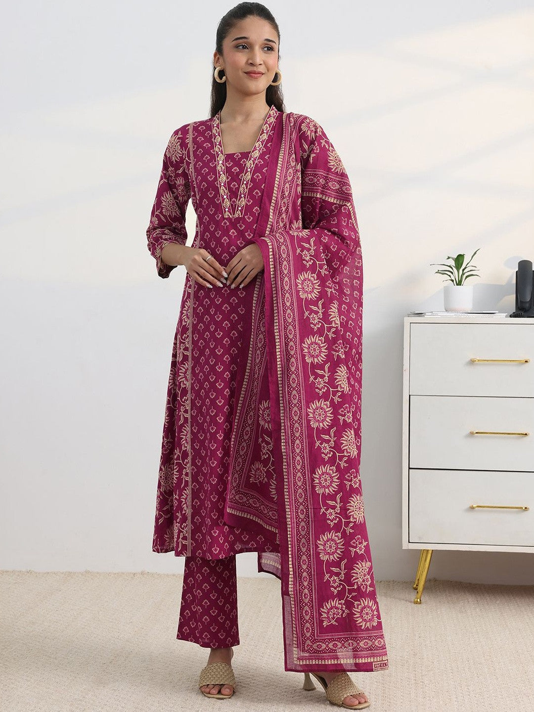 Libas Pink Floral Print A-Line Suit Set with Dupatta