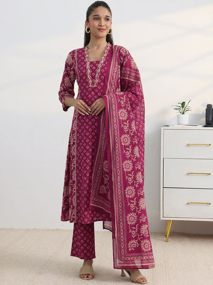 Libas Pink Floral Print A-Line Suit Set with Dupatta