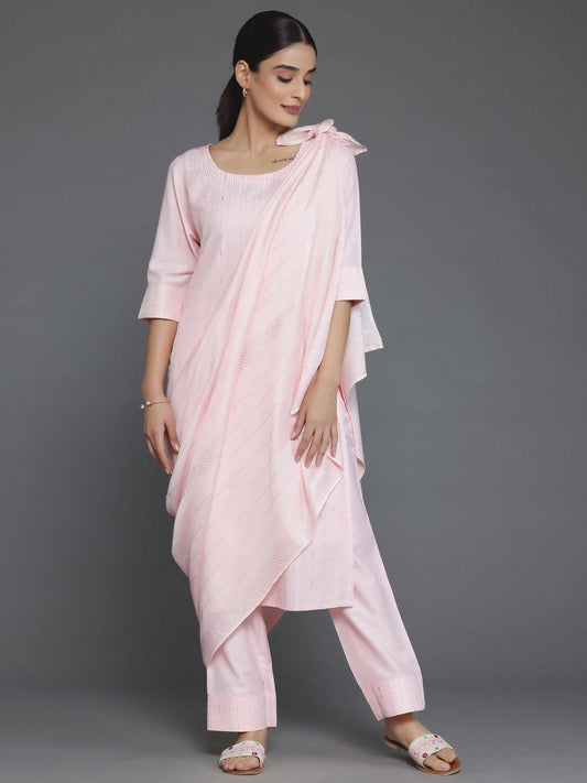 Women's LB Peach Self Design Silk Blend Straight Suit With Dupatta