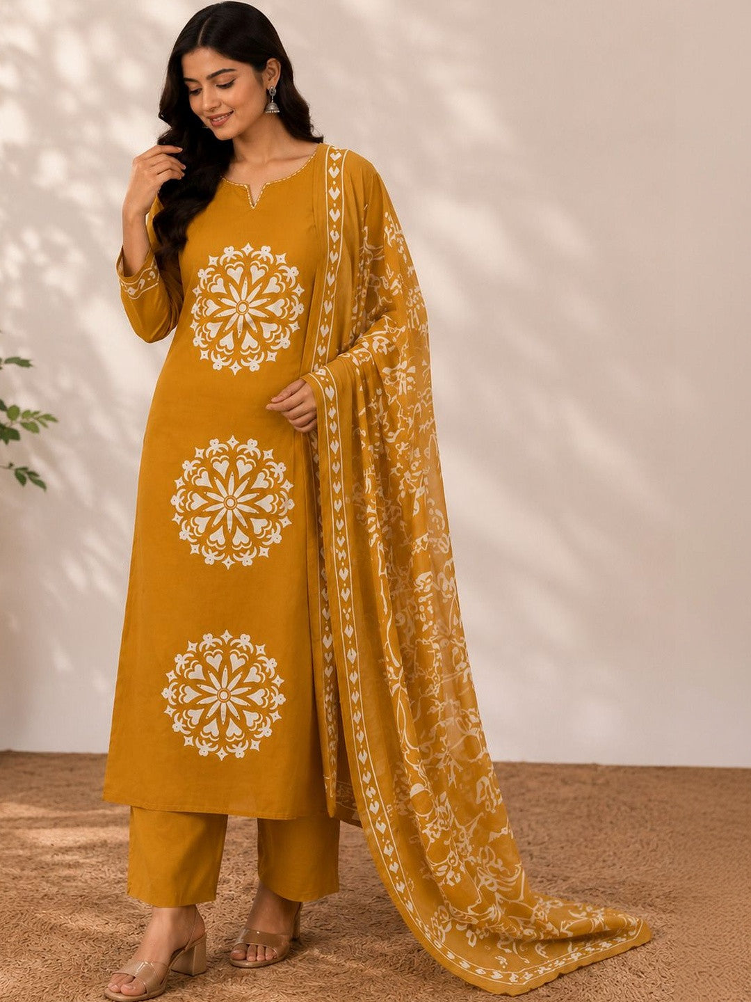 Dhiyona SN Women Ethnic Motifs Printed Regular Pure Cotton Kurta with Trousers & With Dupatta