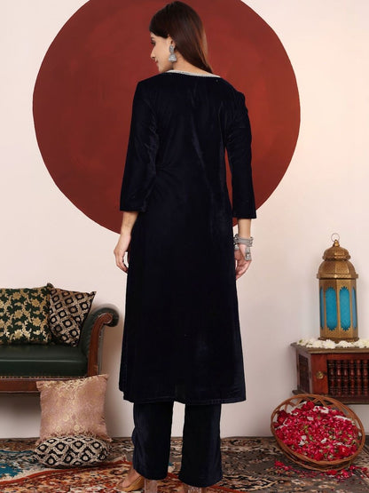 Navy Blue Women Regular Gotta Patti Velvet Kurta with Trousers