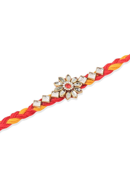 Dhiyona Men Set Of 6 Red & Yellow Kundan Studded Floral Design Thread Rakhi With Roli Chawal