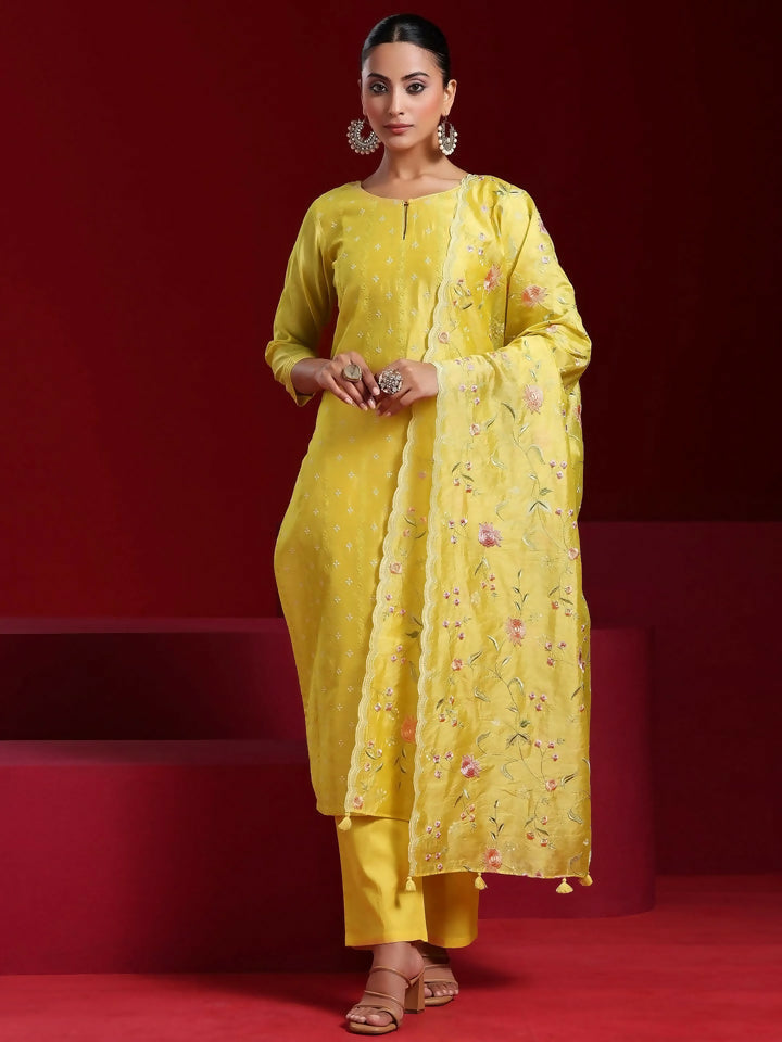 Women's LB Art Yellow Embroidered Chanderi Silk Straight Suit With Dupatta