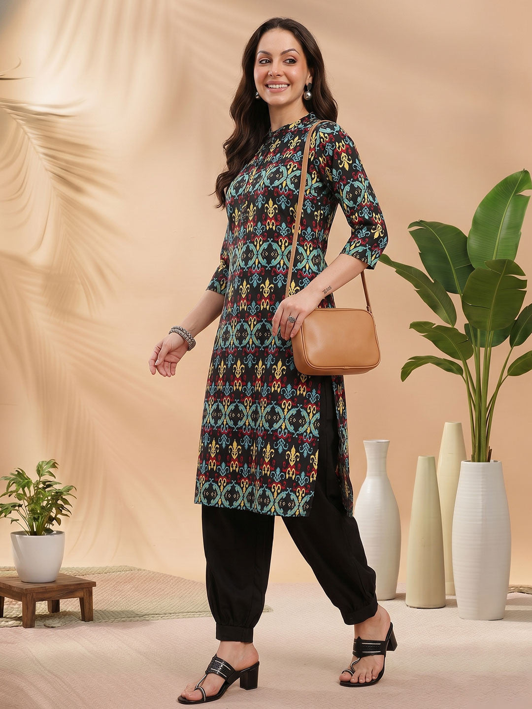 Dhiyona SN Floral Printed Band Collar Kurta with Salwar