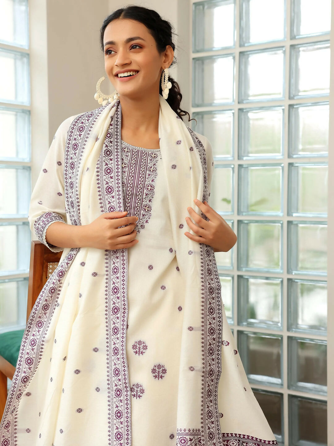 Women's LB Off White Woven Design Chanderi Silk Straight Suit With Dupatta