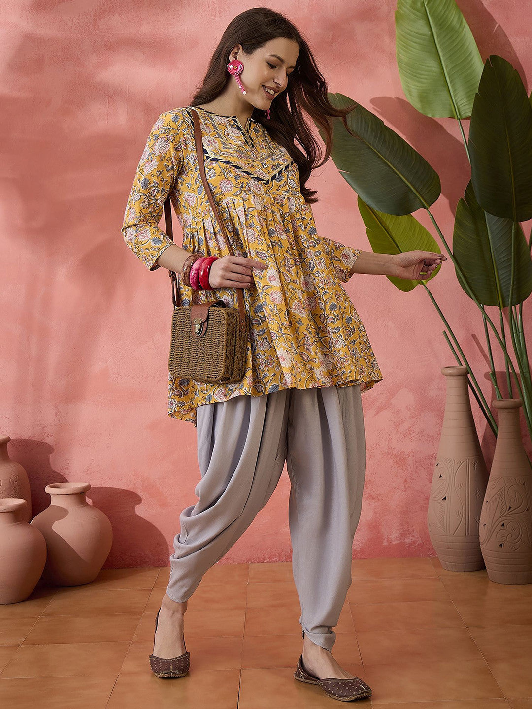 Mustard Floral Printed Pure Cotton Empire Style Anarkali Kurti & Dhoti Pant Set
