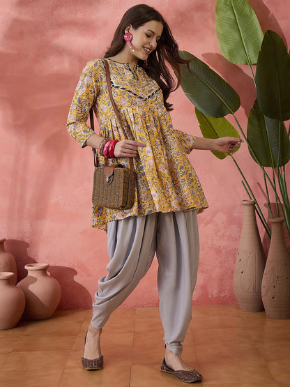 Mustard Floral Printed Pure Cotton Empire Style Anarkali Kurti & Dhoti Pant Set