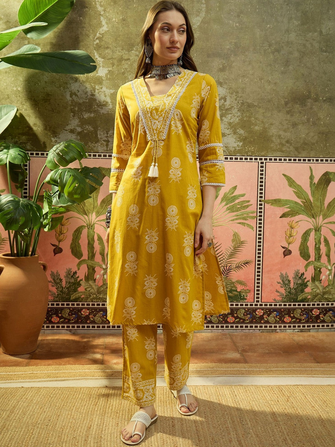 Embroidered Pure Cotton V-Neck Kurta & Trousers With Dupatta
