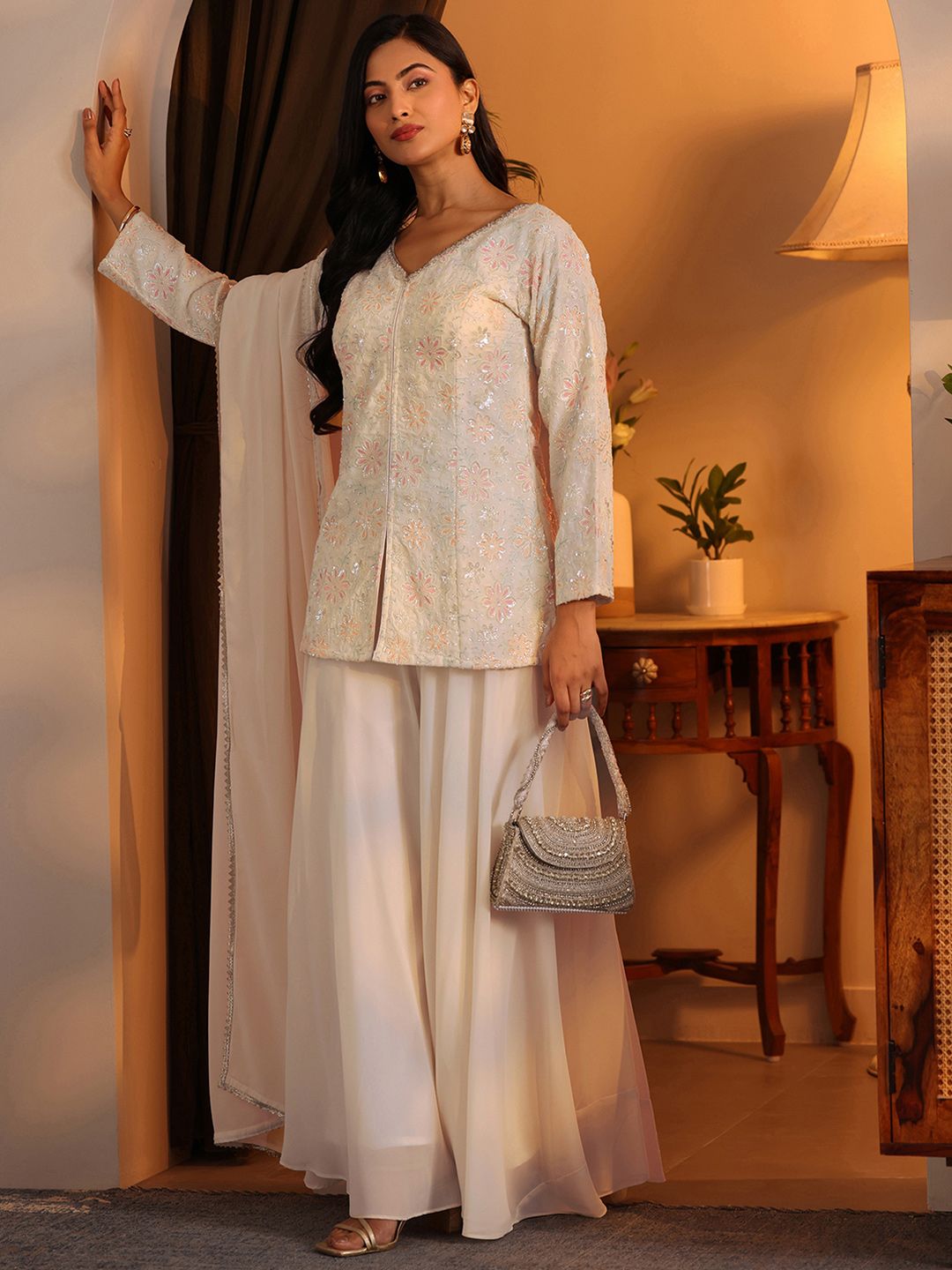 Dhiyona LL Floral Embroidered Straight Georgette Kurta With Palazzos & Dupatta