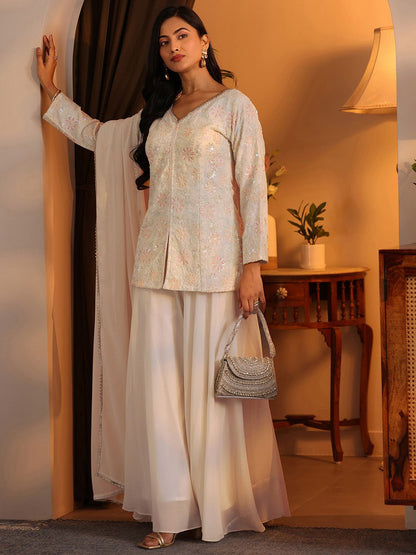 Dhiyona LL Floral Embroidered Straight Georgette Kurta With Palazzos & Dupatta