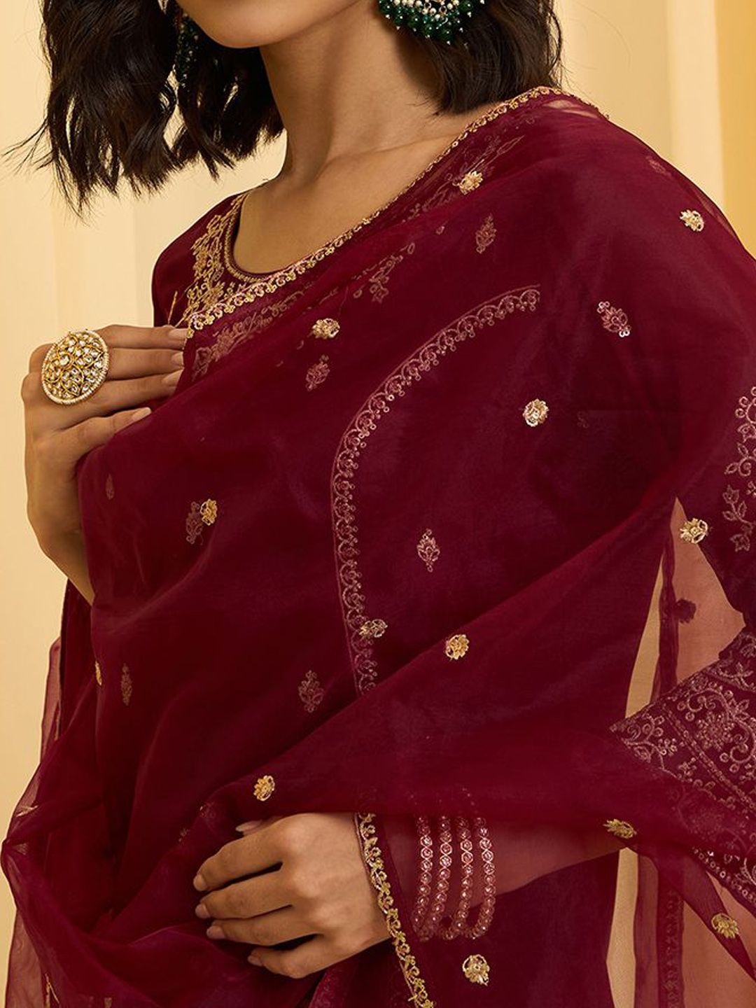 Dhiyona CH Floral Embroidered Sequinned Georgette Kurta with Sharara & Dupatta