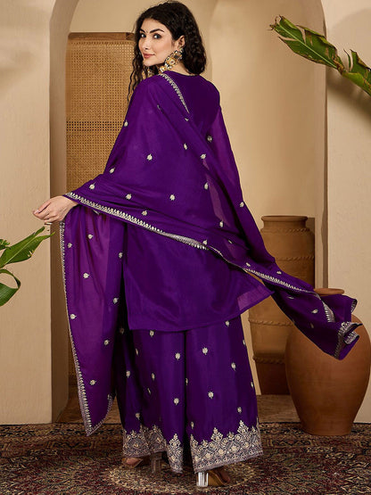 Ethnic Motifs Embroidered Gotta Patti Straight Kurta & Palazzos With Dupatta