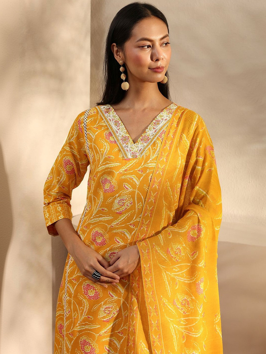 Libas Yellow Floral Printed Cotton A-Line Suit Set With Dupatta
