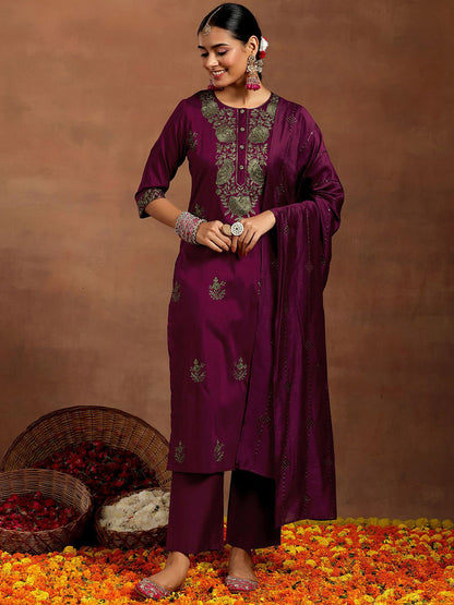 Floral Embroidered Thread Work Straight Kurta With Trousers & Dupatta