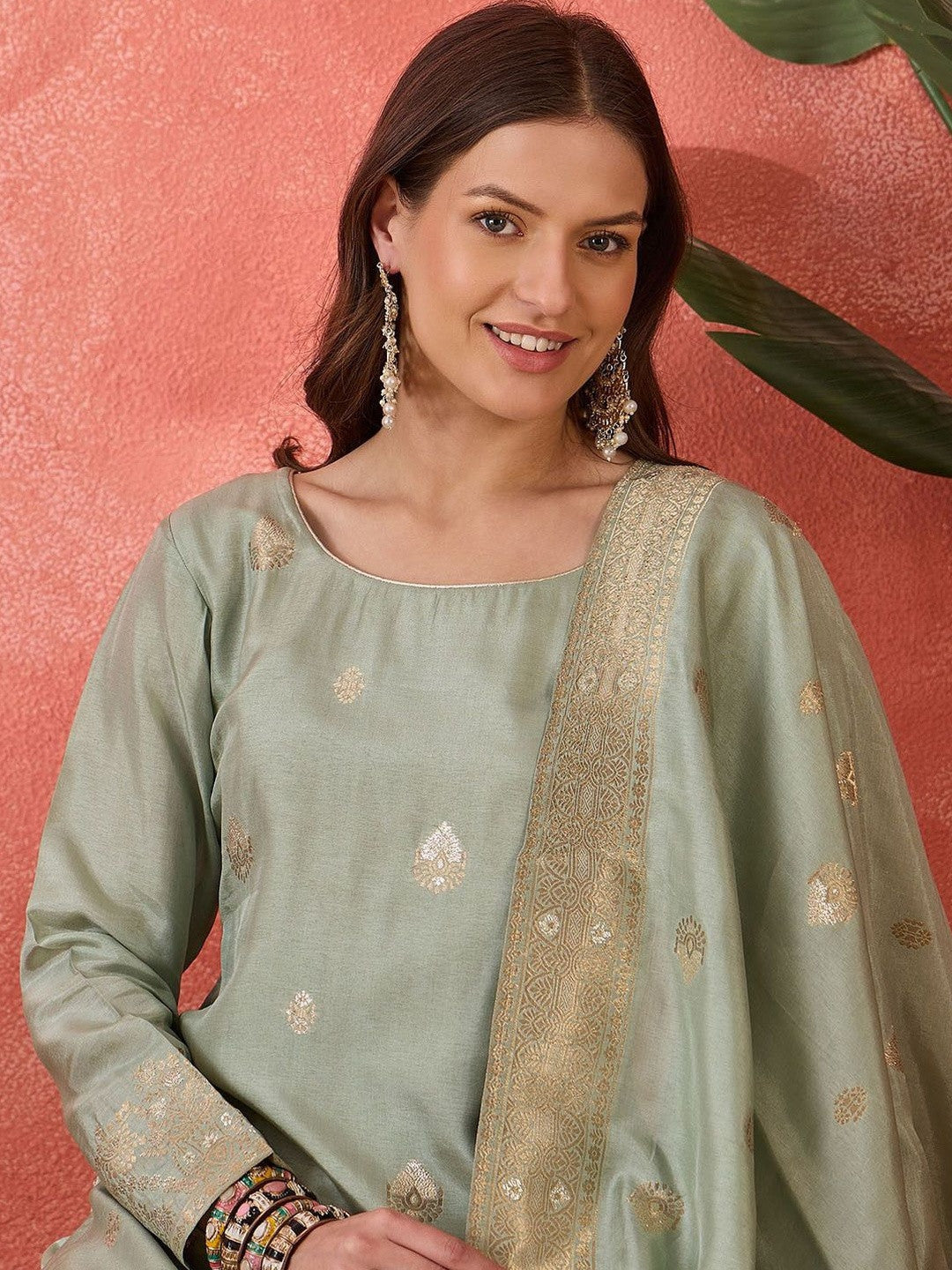 Woven Design Round Neck Straight Kurta With Trousers And Dupatta