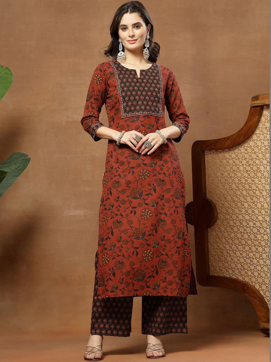 Printed Pure Cotton Round Neck Kurta & Palazzos With Dupatta