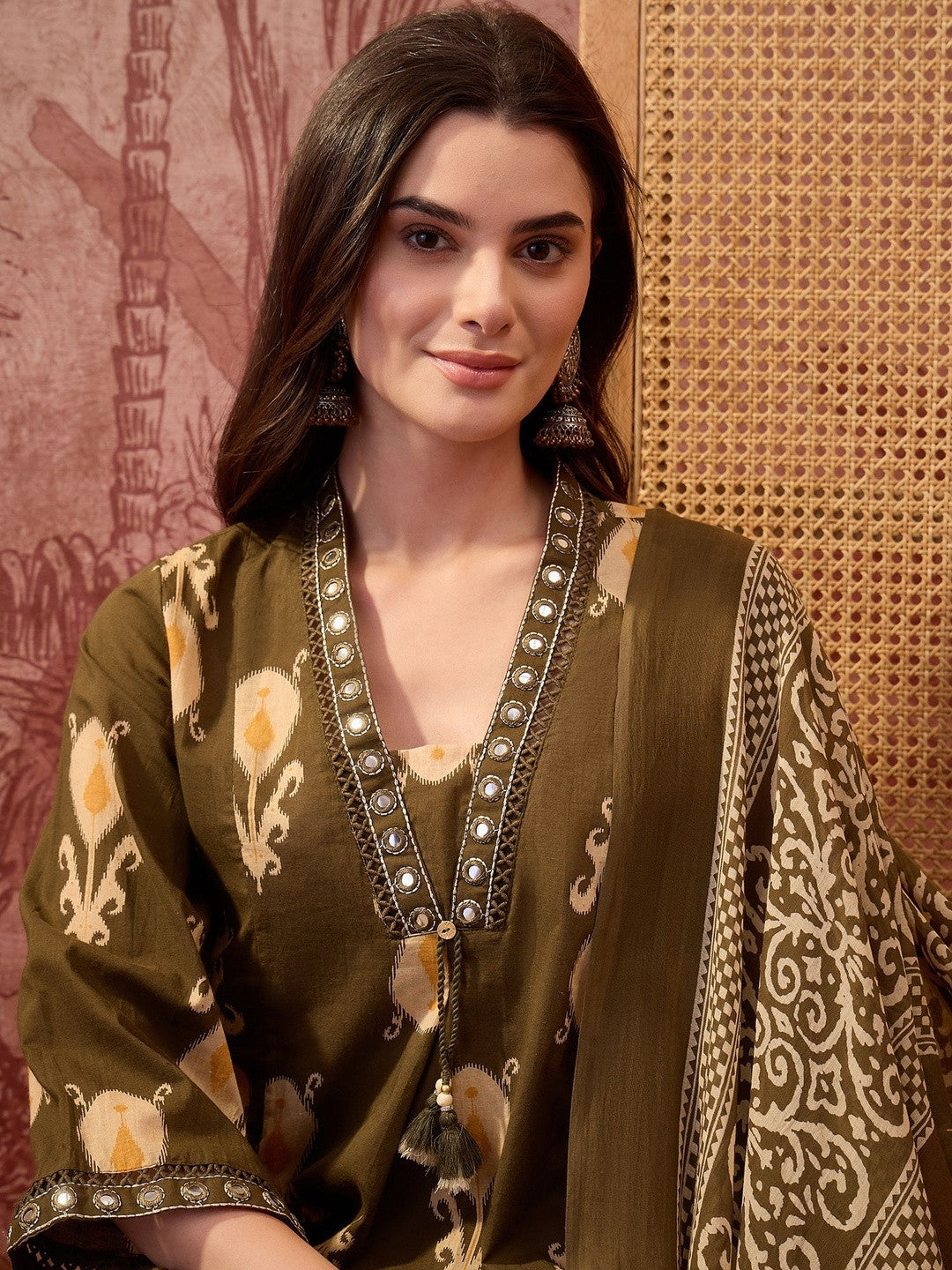 Women Ethnic Motifs Printed Regular Mirror Work Pure Cotton Kurta with Palazzos & With Dupatta