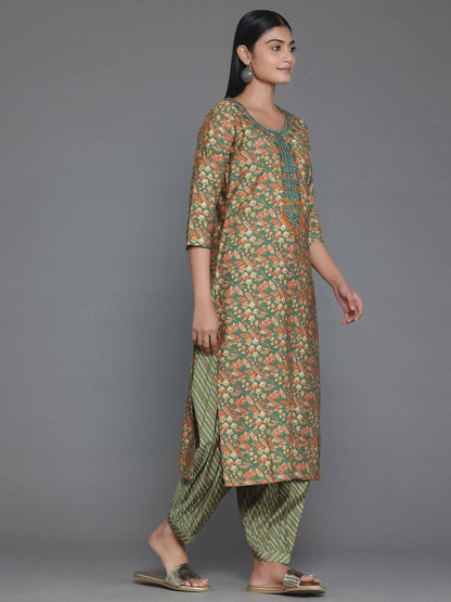 Women's LB Green Printed Silk Blend Straight Suit With Dupatta