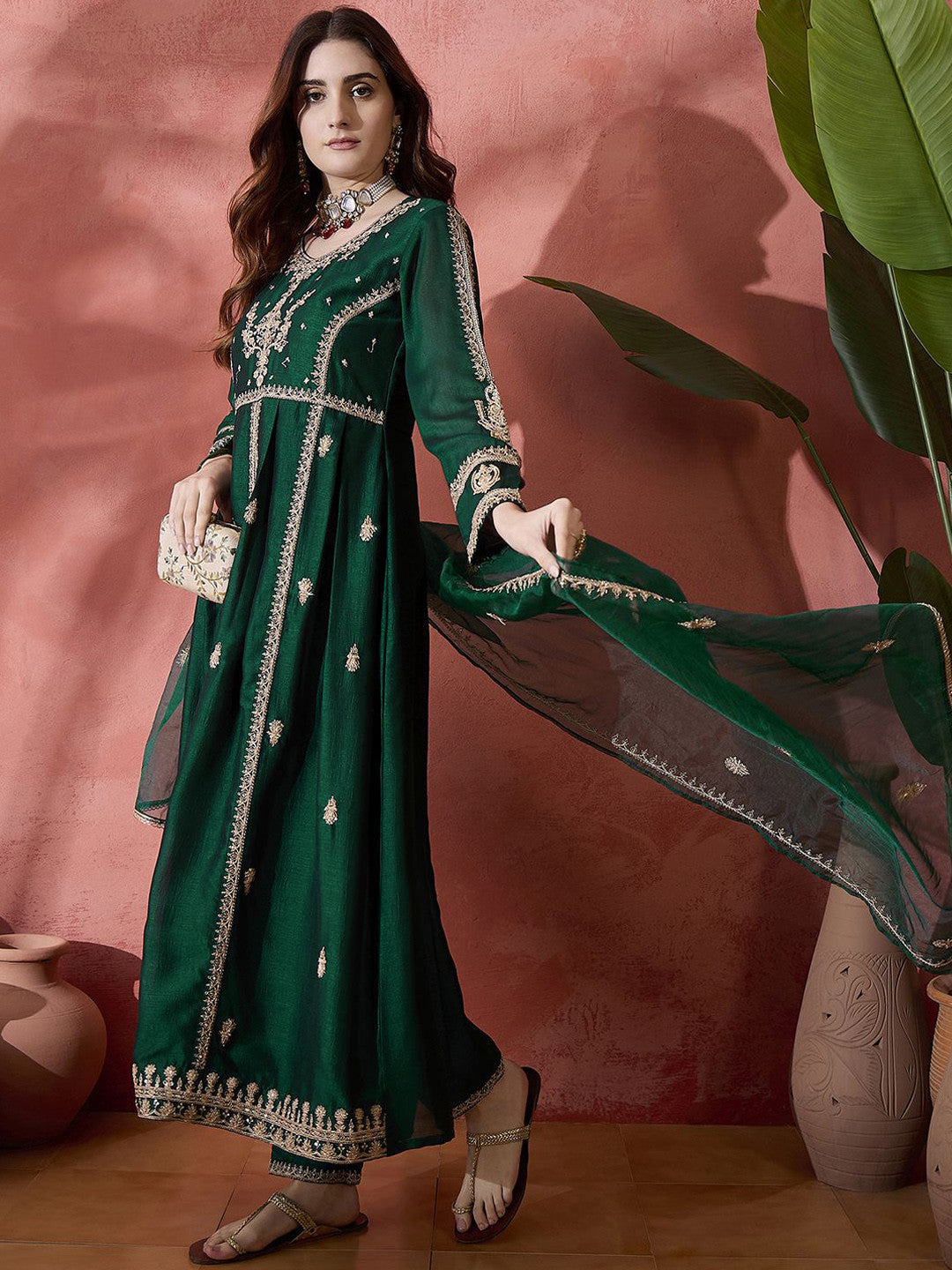 Embroidered Sequence Zari Kurta Trousers with Dupatta
