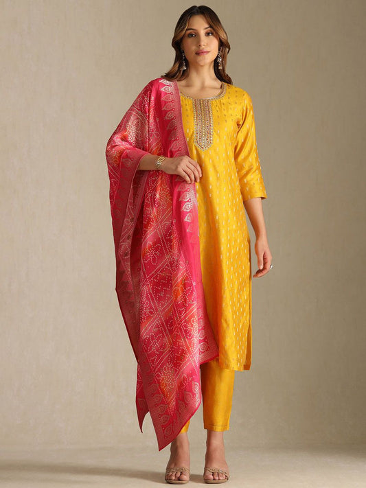 Dhiyona SO Women's Floral Woven Design Zardozi Kurta With Trousers & Dupatta