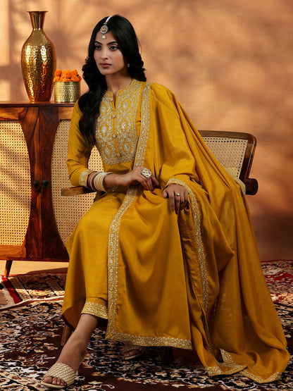 Women's LB Mustard Yoke Design Silk Blend A-Line Kurta With Palazzos & Dupatta