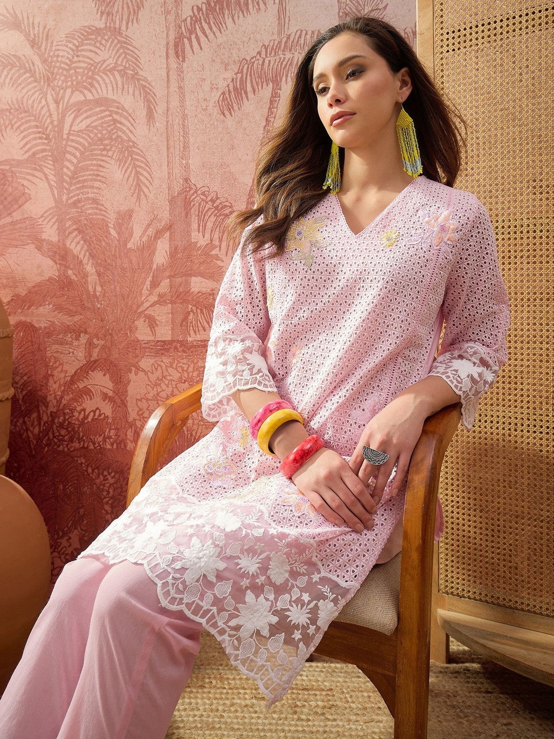 Dhiyona SN Embroidered Pure Cotton V-Neck Kurta & Trousers Kurta Set