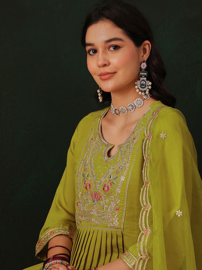 Dhiyona SN Floral Embroidered Pleated Straight Kurta with Trouser & Dupatta
