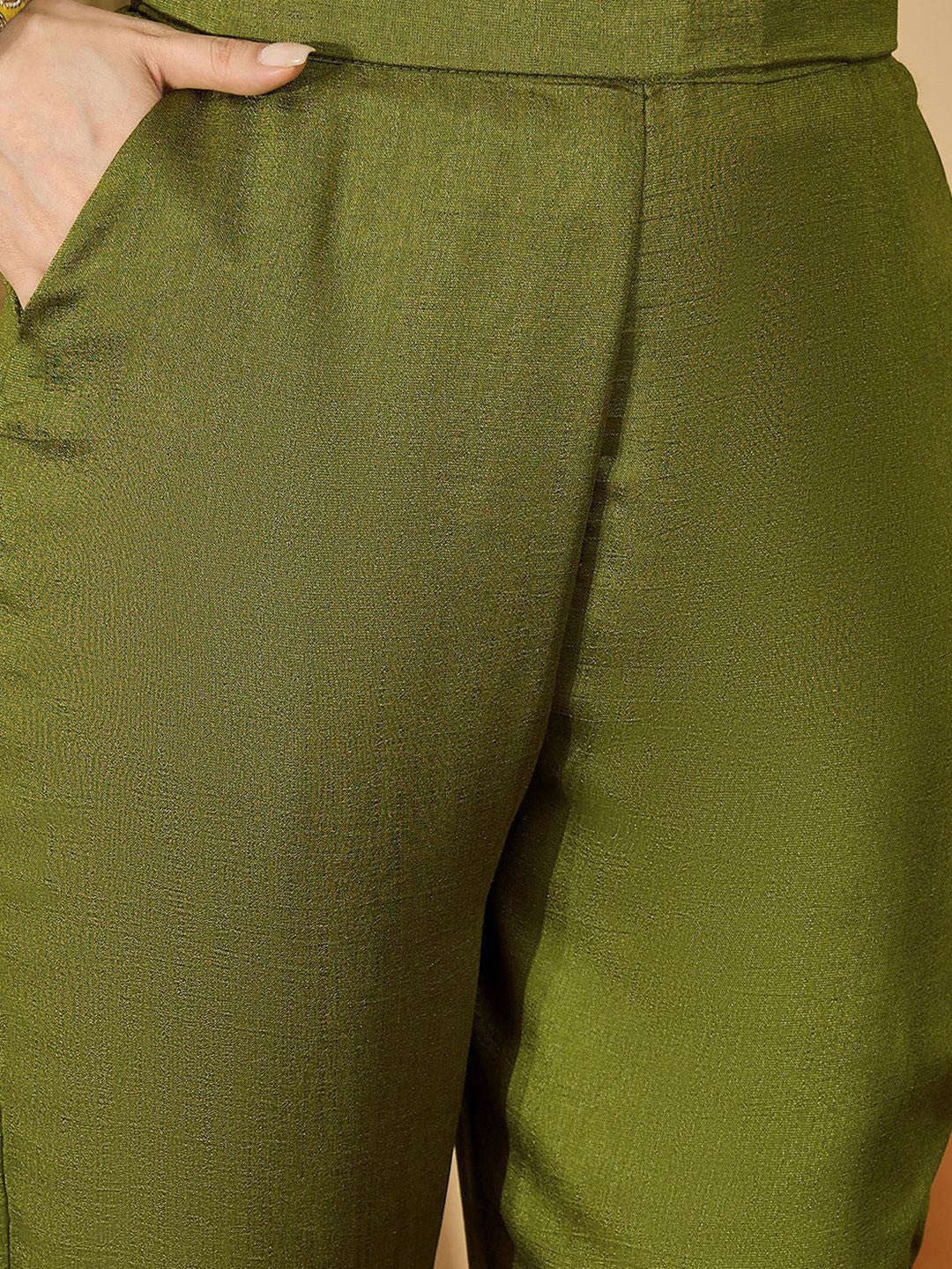 Floral Embroidered V-Neck Empire Sequinned A-Line Kurta & Trousers With Dupatta