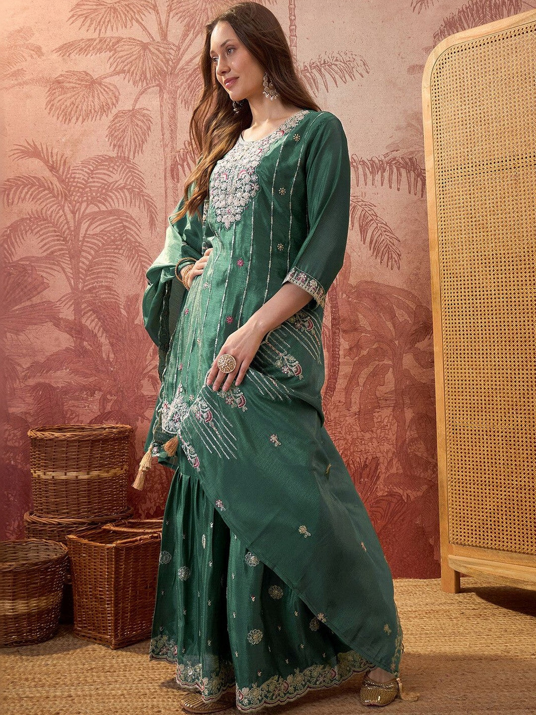 Embroidered Round Neck Kurta & Sharara With Dupatta