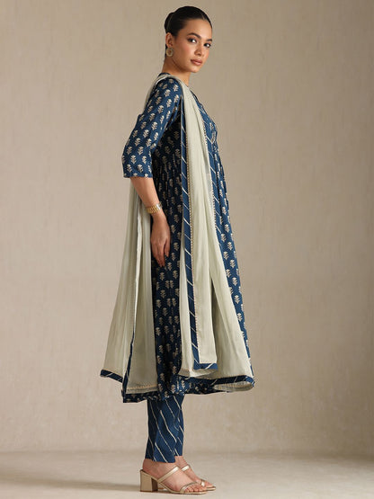 Dhiyona SO Women's Women Leheriya Printed Zardozi Kurta with Trousers & With Dupatta