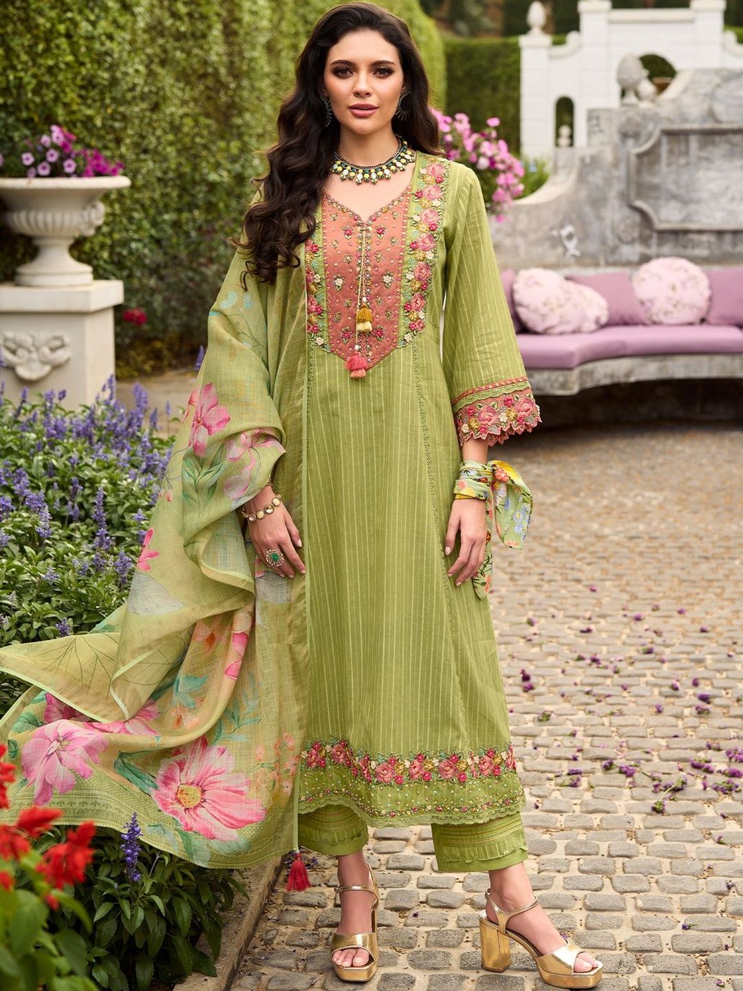 Dhiyona IE Women Floral Embroidered Cotton Kurta with Trousers & Dupatta