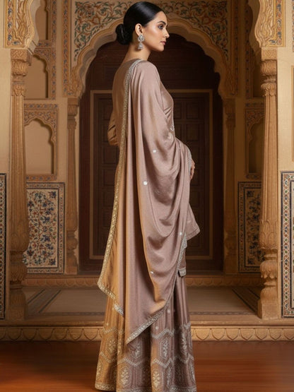 Dhiyona KL Women Ethnic Motifs Embroidered Regular Thread Work Silk Crepe Kurta with Sharara & With Dupatta