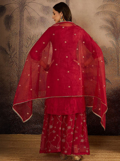 Dhiyona SN Women Ethnic Motifs Embroidered Knee Length Regular Kurta with Sharara & Dupatta